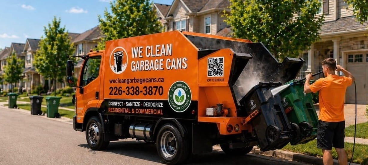 We Clean Garbage Cans truck cleaning garbage cans in a neighbourhood
